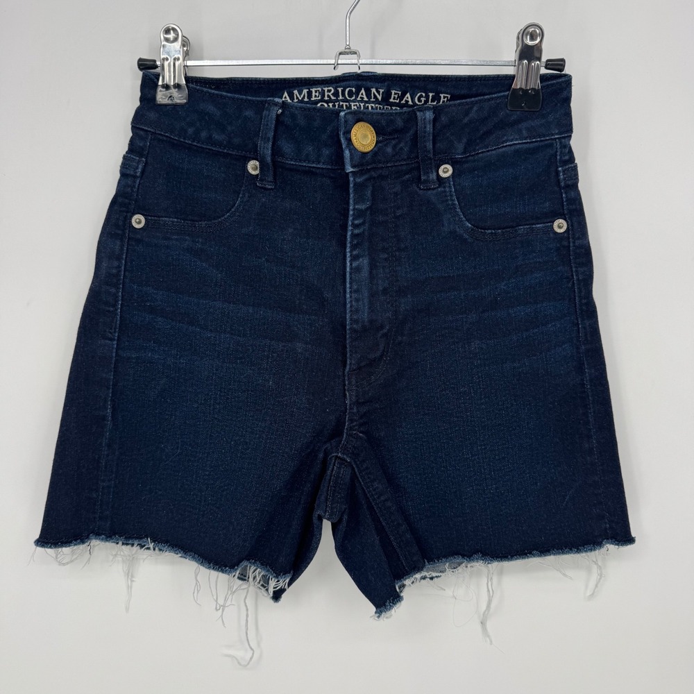 American Eagle Super Stretch High Waisted‎ Dark Wash Raw Hem Denim Shorts Size 0